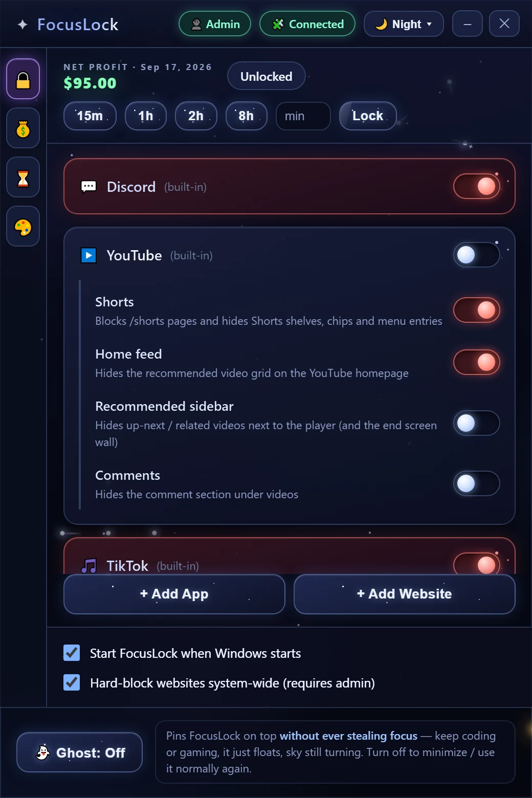 The FocusLock window: Discord and TikTok disabled, YouTube's Shorts and home feed switched off, and the lock timer bar across the top.