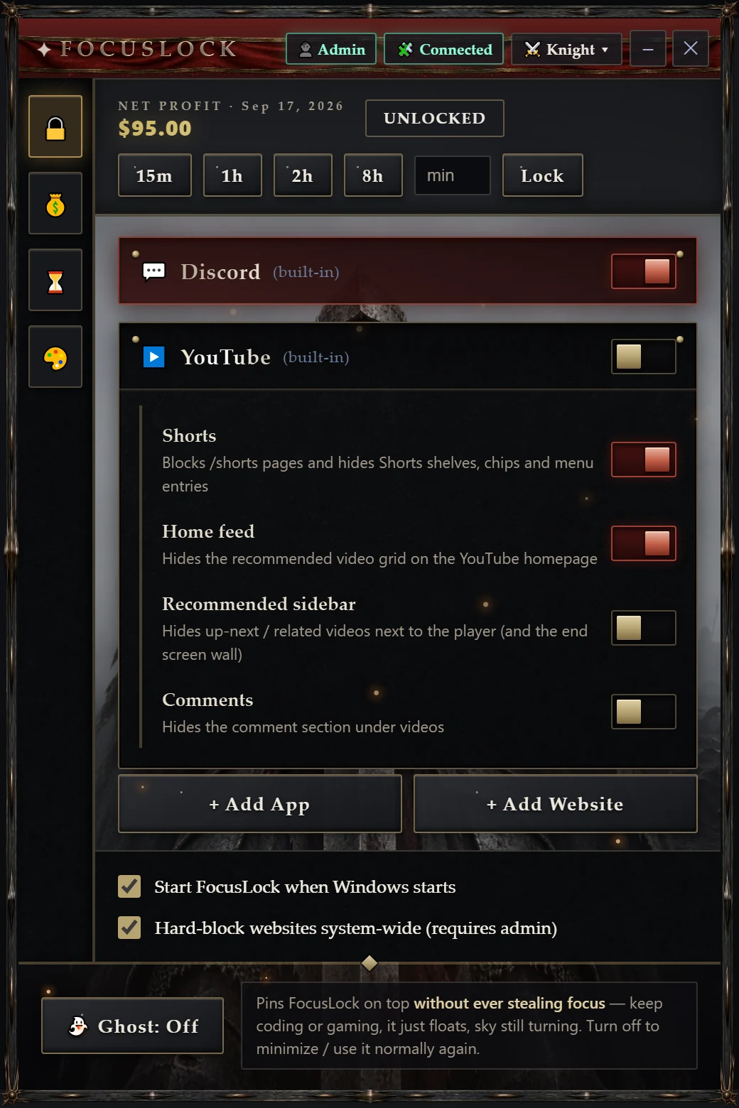 The same app in its Knight theme: an armoured knight striding through fog, the whole window bound in an ornate iron frame with a crimson banner across the title bar and stone panels beneath it.