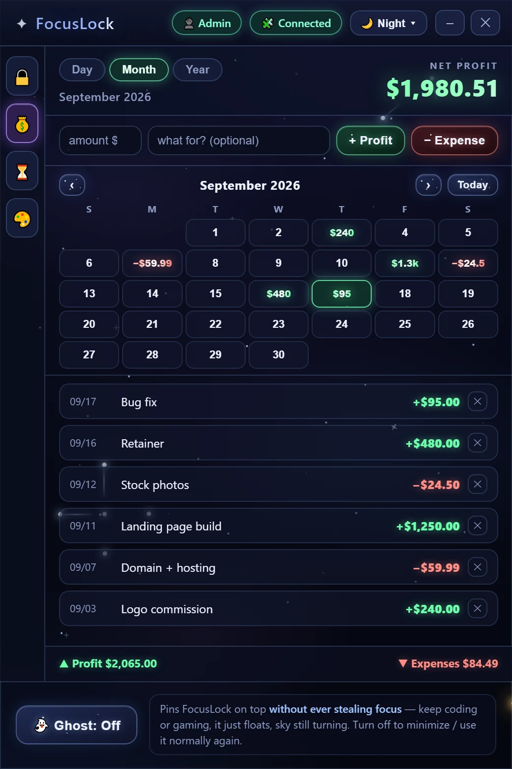 The money tab in month view: net profit for September, a quick-add row, a calendar where each day shows its net amount, and the month's entries listed below.